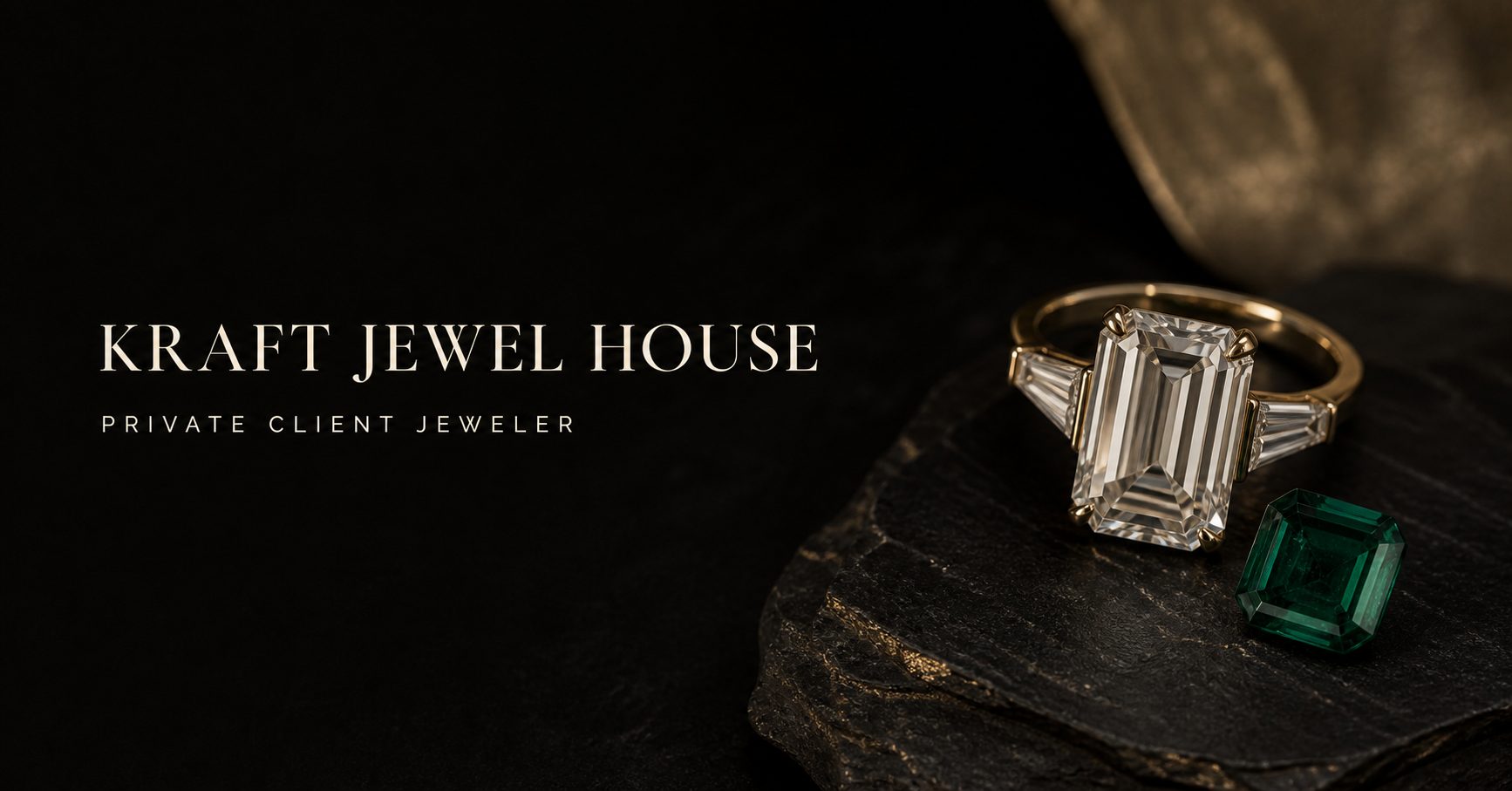 Emerald-cut diamond ring and loose emerald presented for Kraft Jewel House